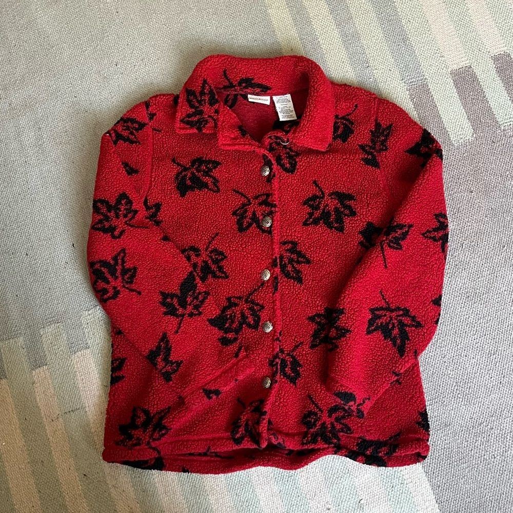 White Stag Red Leaf Patterned Fleece Jacket Women’s Large Vintage Cozy